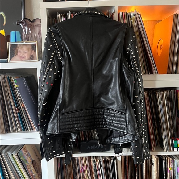 Scotch & Soda Black Studded Leather Biker Jacket with Red Accent - Picture 5 of 9